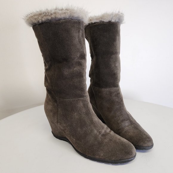 Aquatalia Womens 8 Genuine Fur Taupe Suede Fold Over Wedge Heel Back Zip Boots - Picture 10 of 15